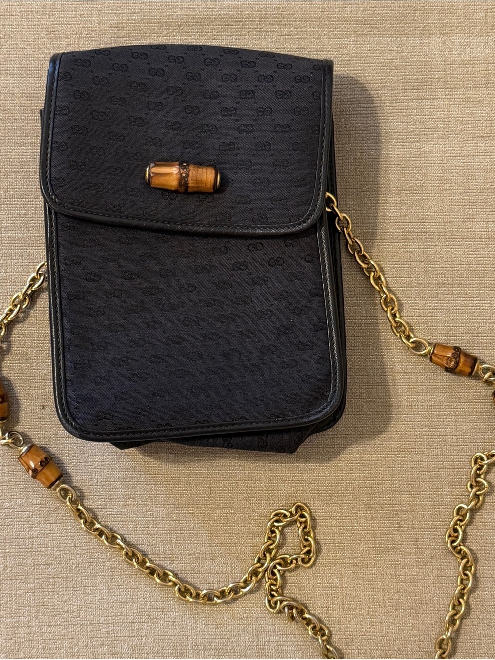 Gucci Black GG Canvas Crossbody with Bamboo and Gold Chain